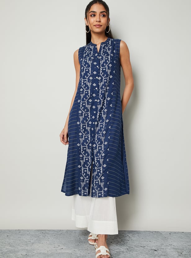MELANGE Ethnic Motif Band Collar Sleeveless Straight Kurta