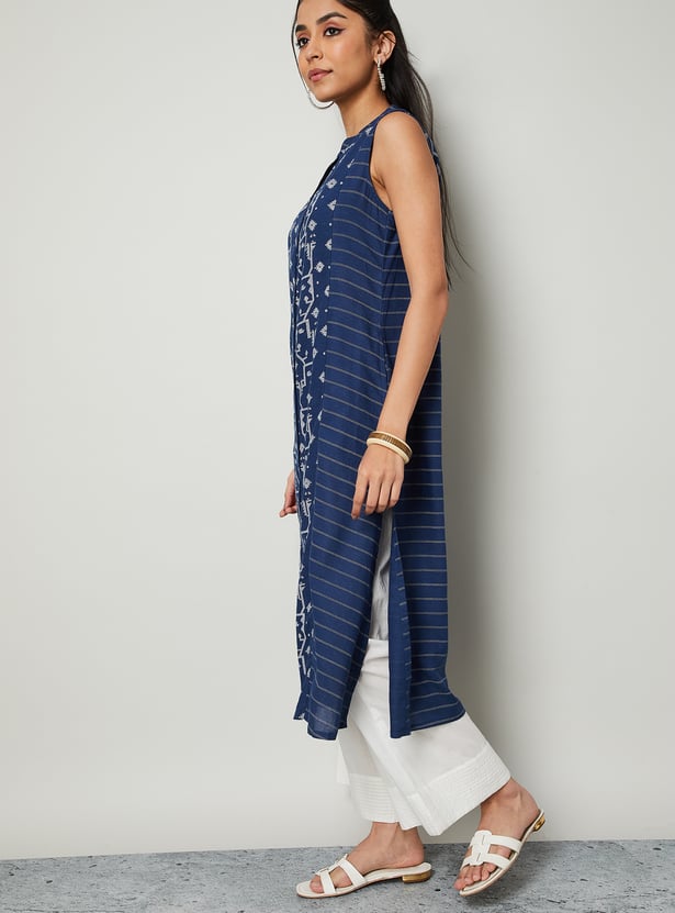MELANGE Ethnic Motif Band Collar Sleeveless Straight Kurta