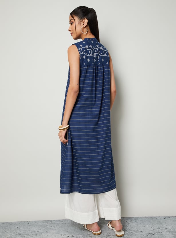 MELANGE Ethnic Motif Band Collar Sleeveless Straight Kurta