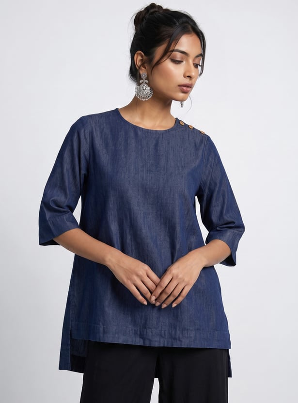 MELANGE Solid Button Detailed Top