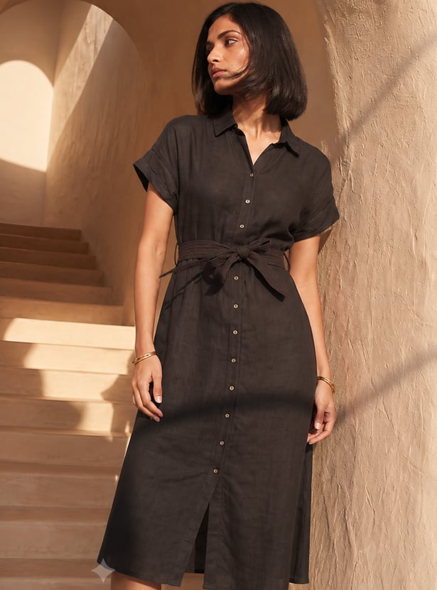 COLOUR ME Solid Midi Shirt Dress