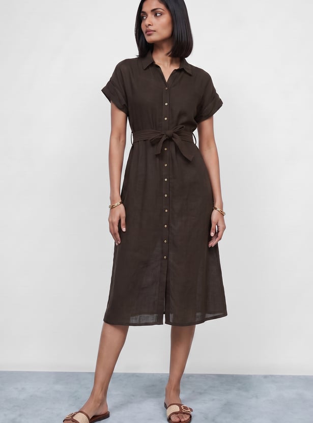COLOUR ME Solid Midi Shirt Dress
