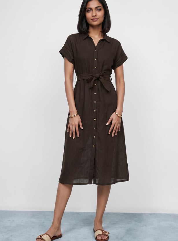 COLOUR ME Solid Midi Shirt Dress