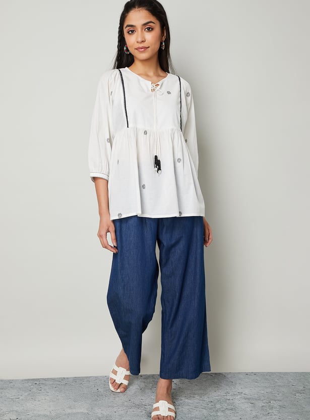COLOUR ME BY MELANGE Embroidered Peplum Top