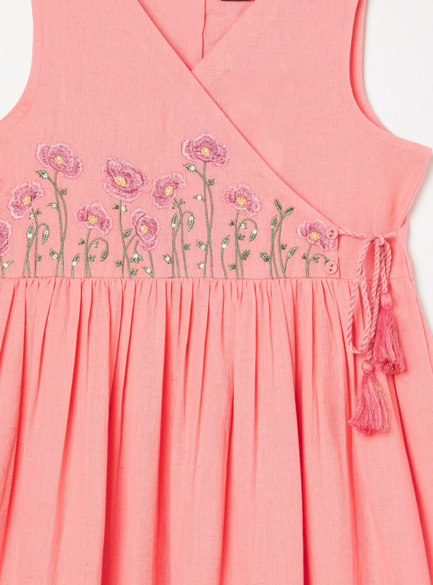 MELANGE Girls Embroidered Tie-Up Dress