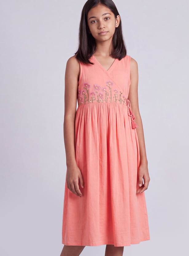 MELANGE Girls Embroidered Tie-Up Dress