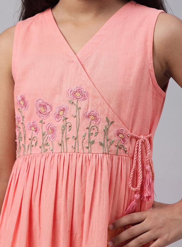 MELANGE Girls Embroidered Tie-Up Dress