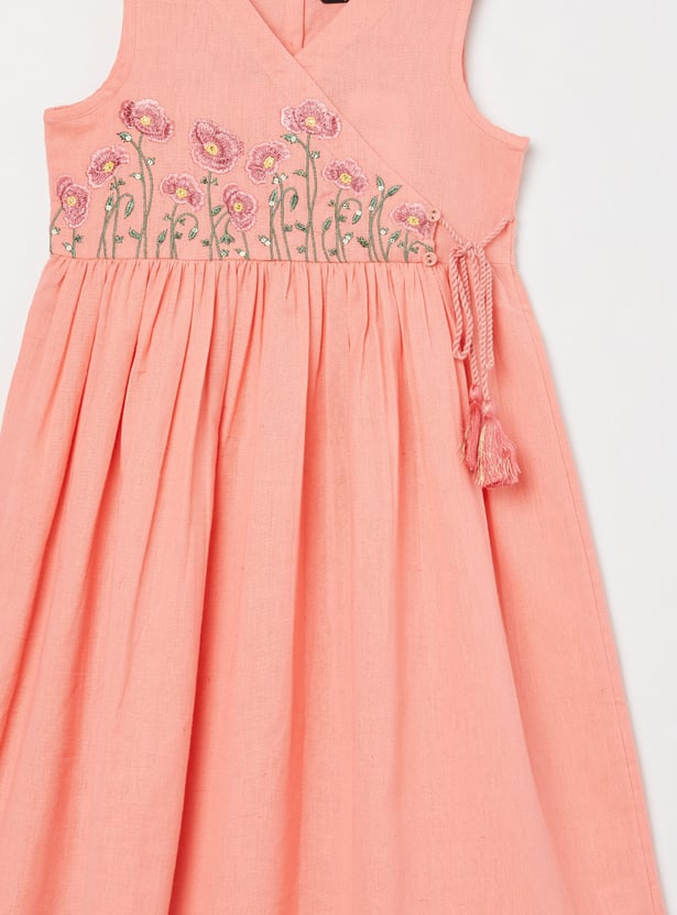 MELANGE Girls Embroidered Wrap Dress