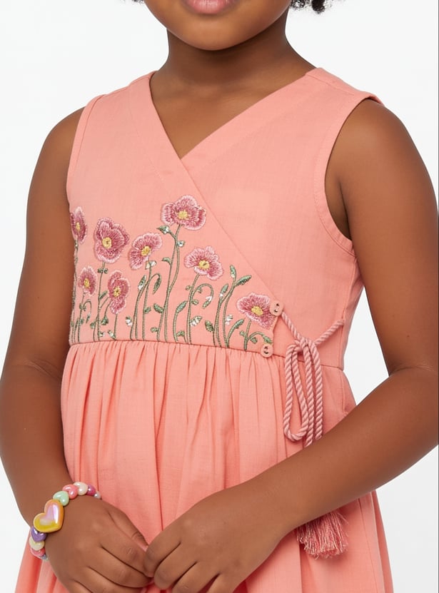 MELANGE Girls Embroidered Wrap Dress