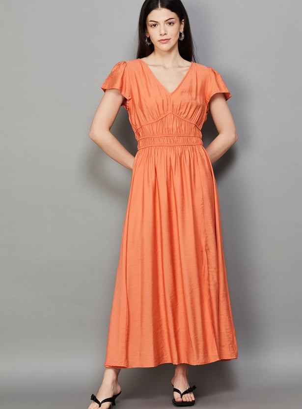 VERO MODA Solid V-Neck Fit & Flare Dress