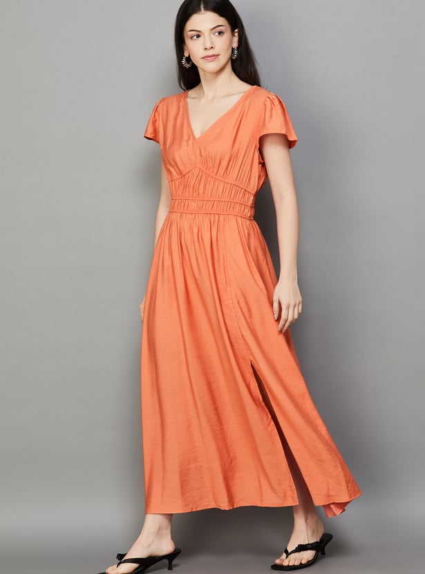 VERO MODA Solid V-Neck Fit & Flare Dress