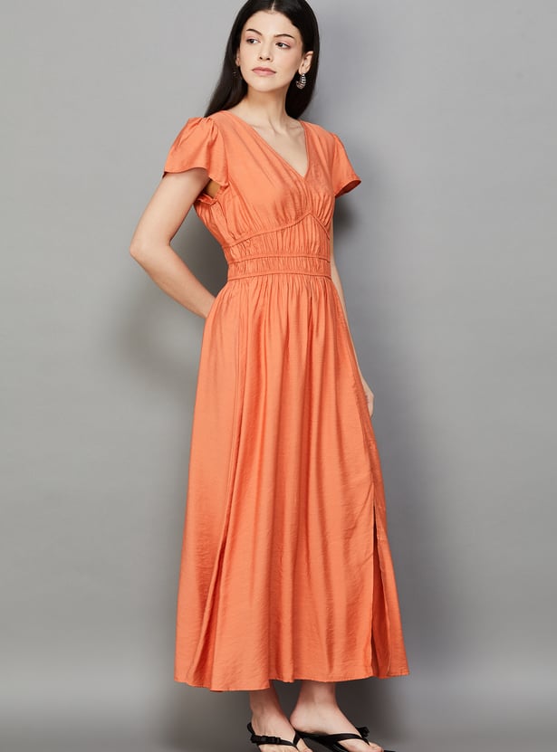 VERO MODA Solid V-Neck Fit & Flare Dress