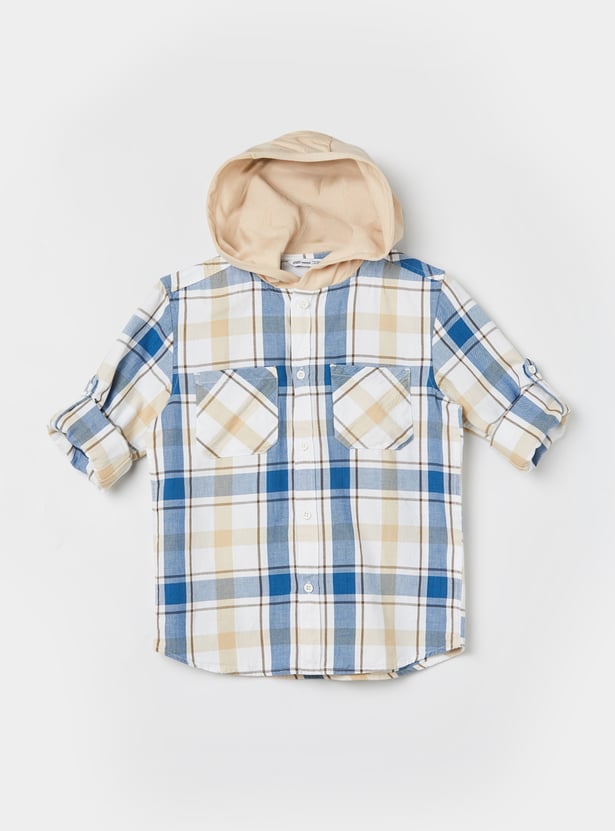 Boys Checked Hooded Shirt