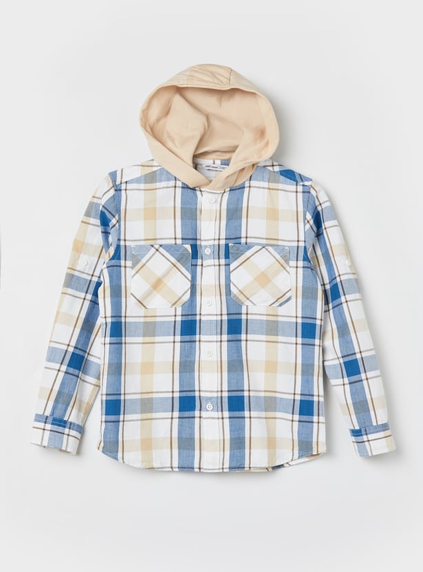 Boys Checked Hooded Shirt