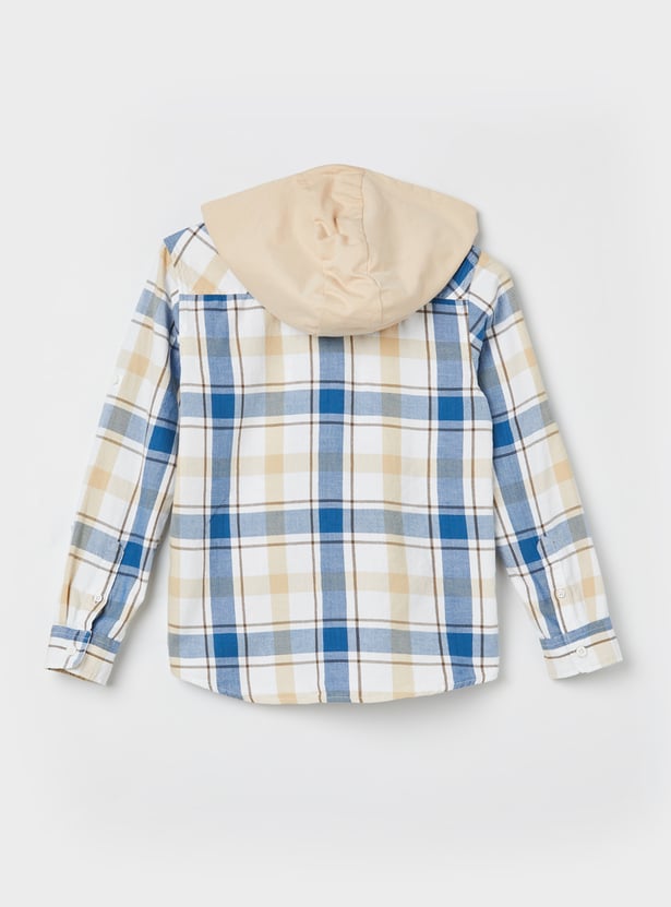 Boys Checked Hooded Shirt