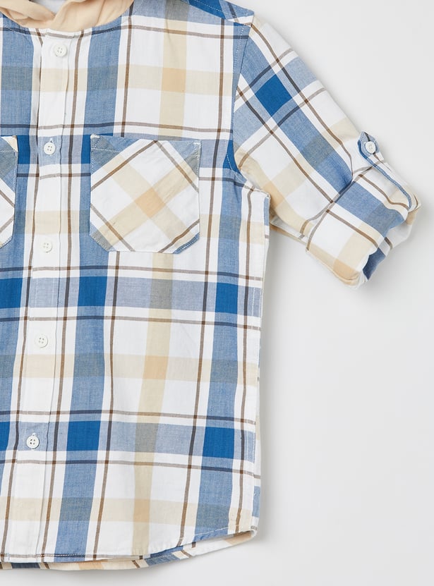 Boys Checked Hooded Shirt