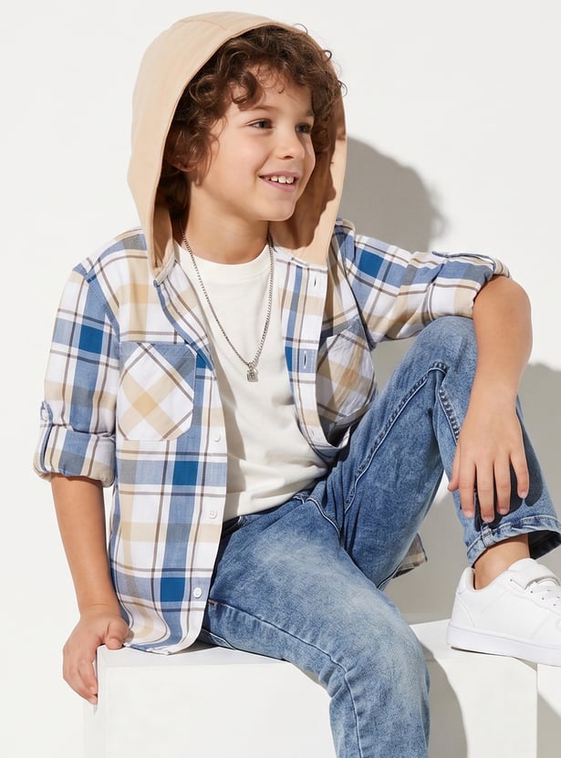 Boys Checked Hooded Shirt