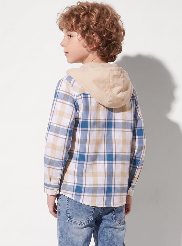 Boys Checked Hooded Shirt