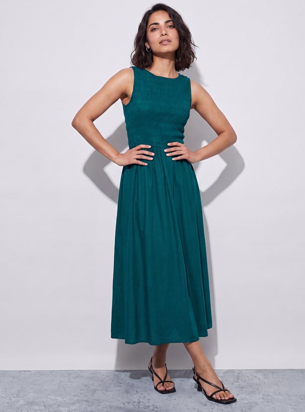 CODE Solid Smocked Midi Dress