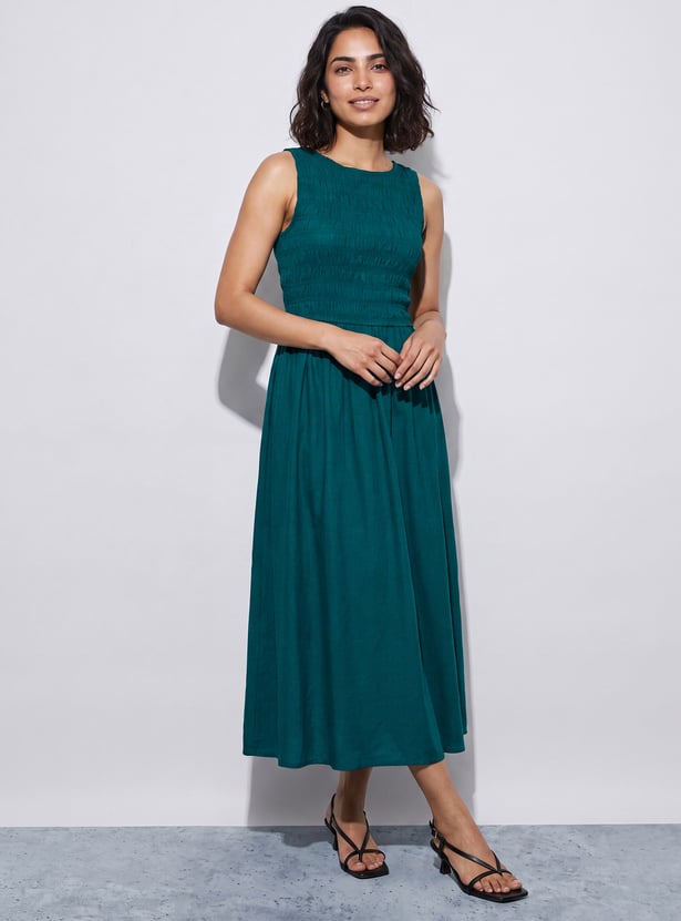 CODE Solid Smocked Midi Dress