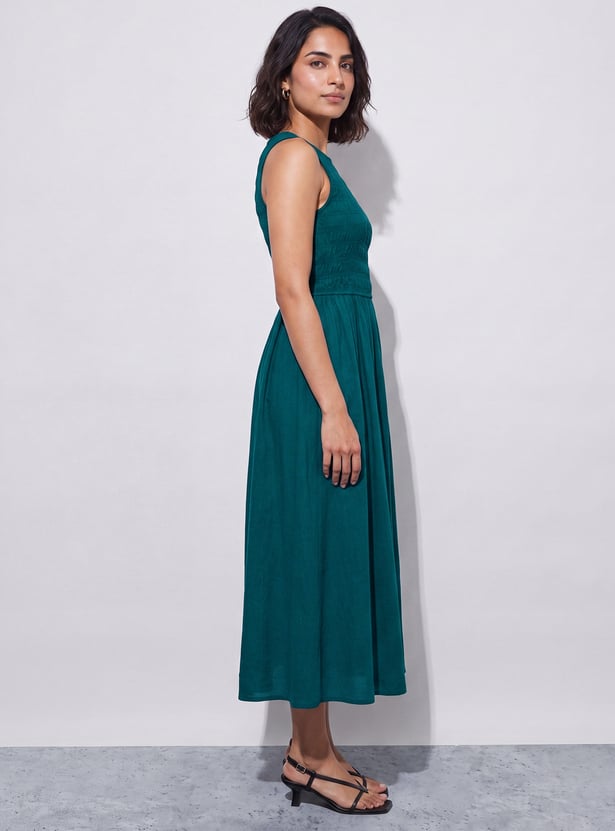 CODE Solid Smocked Midi Dress