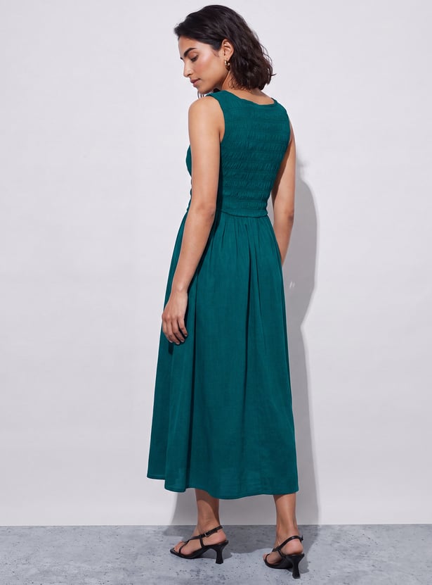 CODE Solid Smocked Midi Dress