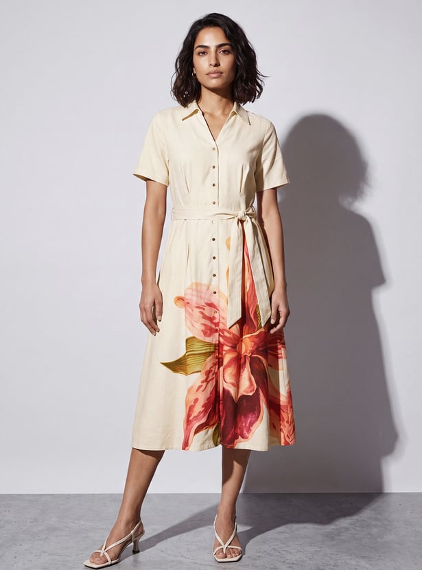 CODE Floral Printed Buttoned Midi Dress