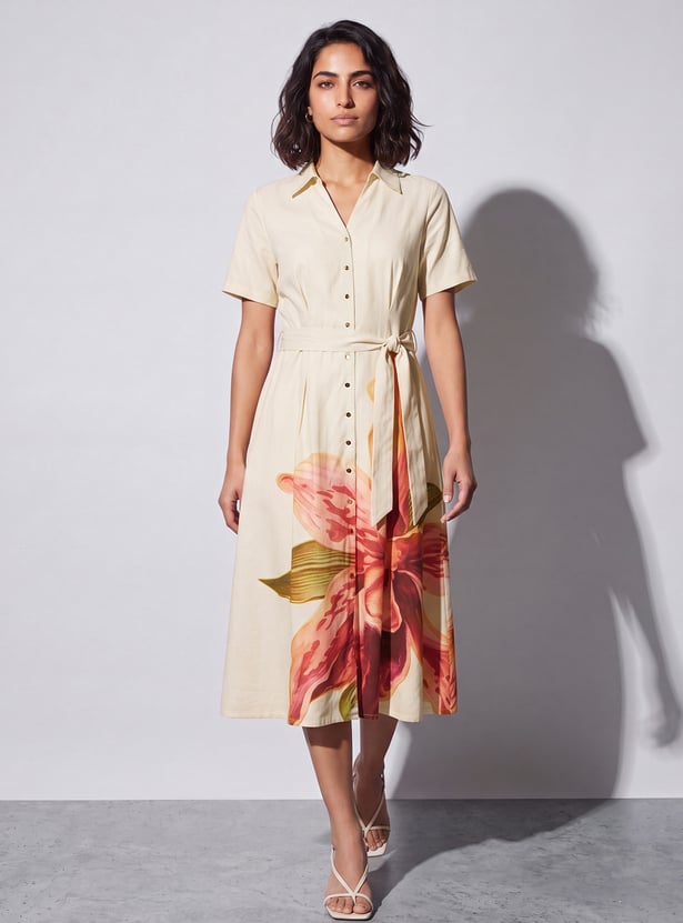 CODE Floral Printed Buttoned Midi Dress