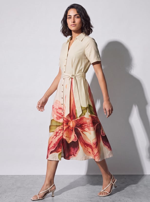 CODE Floral Printed Buttoned Midi Dress