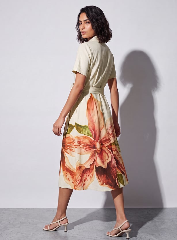 CODE Floral Printed Buttoned Midi Dress