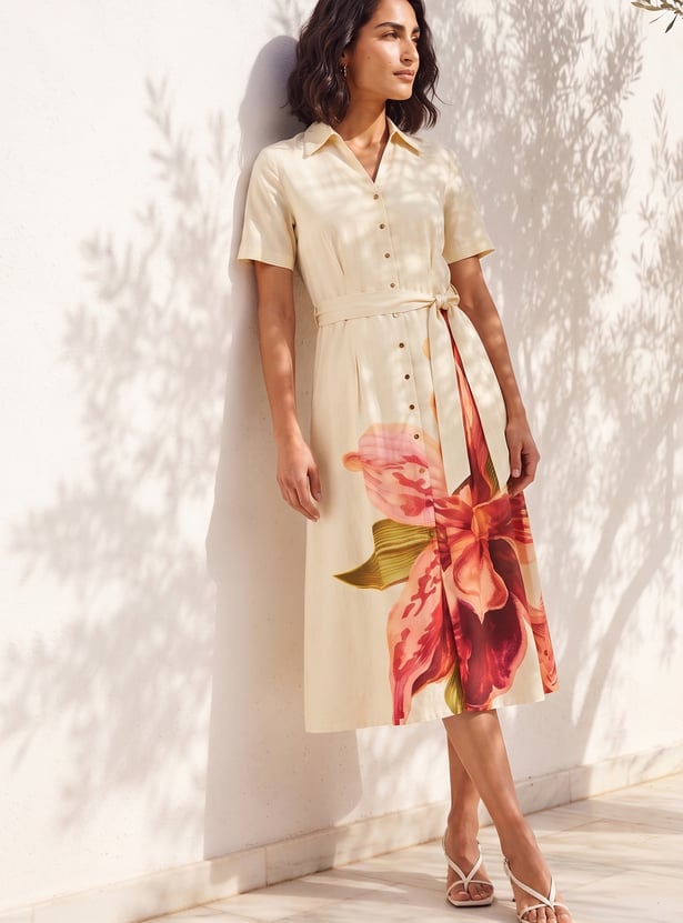 CODE Floral Printed Buttoned Midi Dress