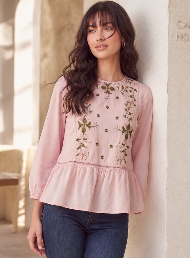 FAME FOREVER Embroidered Peplum Top