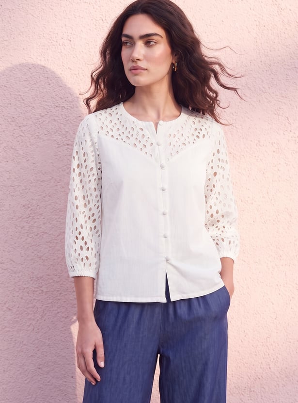 FAME FOREVER Schiffli Button Top