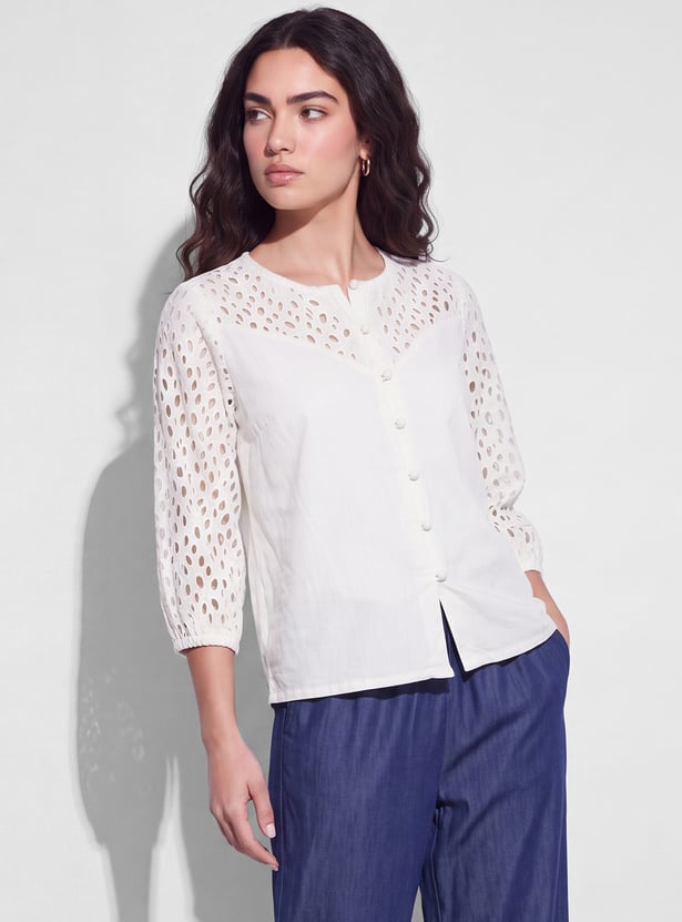 FAME FOREVER Schiffli Button Top