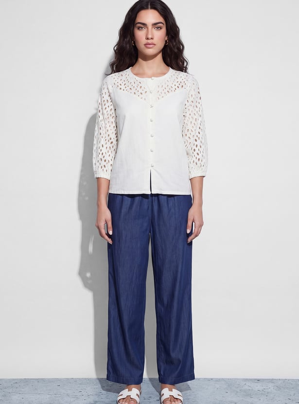 FAME FOREVER Schiffli Button Top