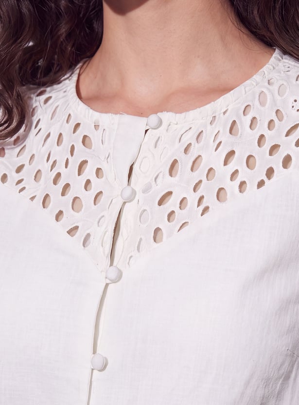 FAME FOREVER Schiffli Button Top
