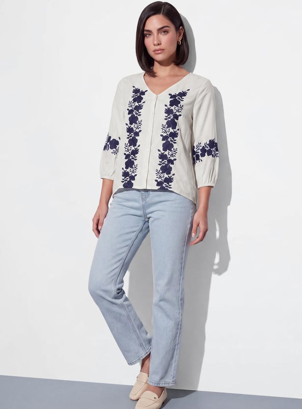 FAME FOREVER Embroidered Button Top
