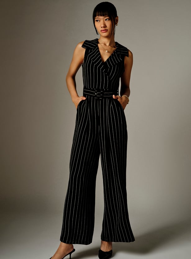 AND Striped Belted Sleeveless Jumpsuit