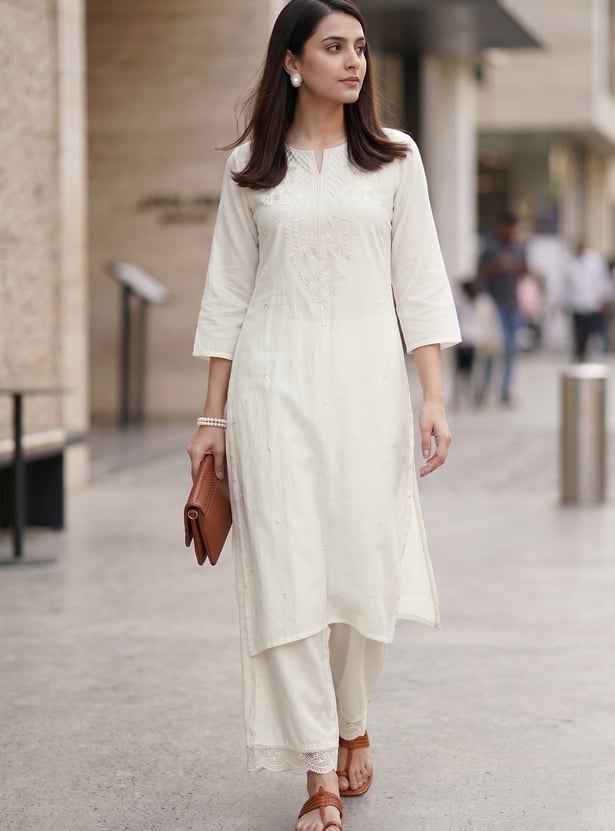 MELANGE Embroidered Notched Neck 3/4th Sleeves Straight Kurta