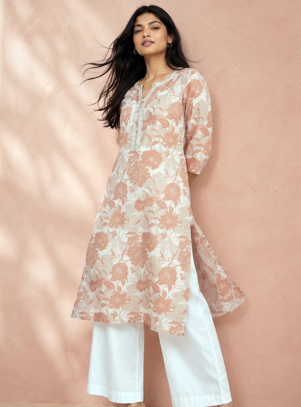 MELANGE Floral Print Notched Neck 3/4th Sleeves Straight Kurta