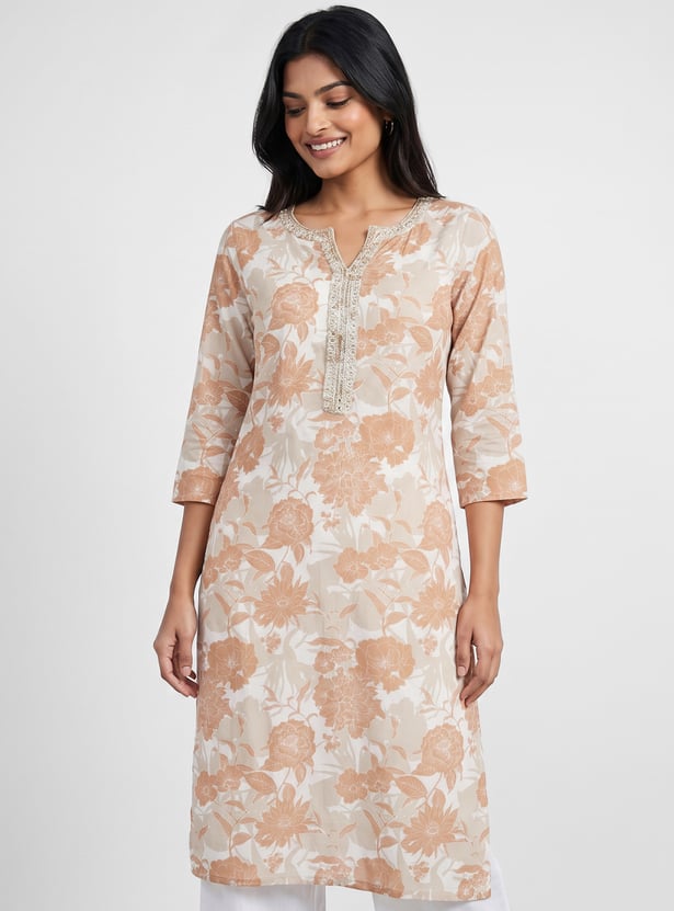 MELANGE Floral Print Notched Neck 3/4th Sleeves Straight Kurta