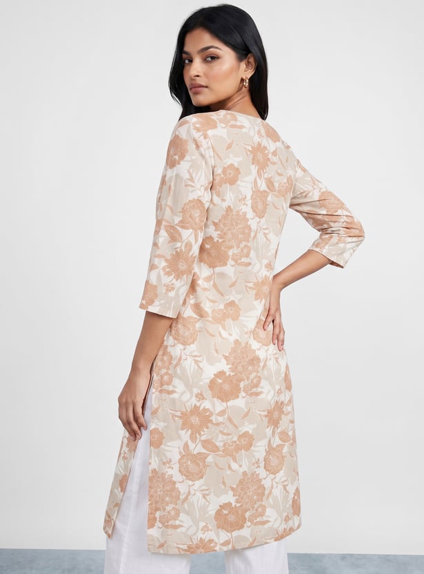 MELANGE Floral Print Notched Neck 3/4th Sleeves Straight Kurta