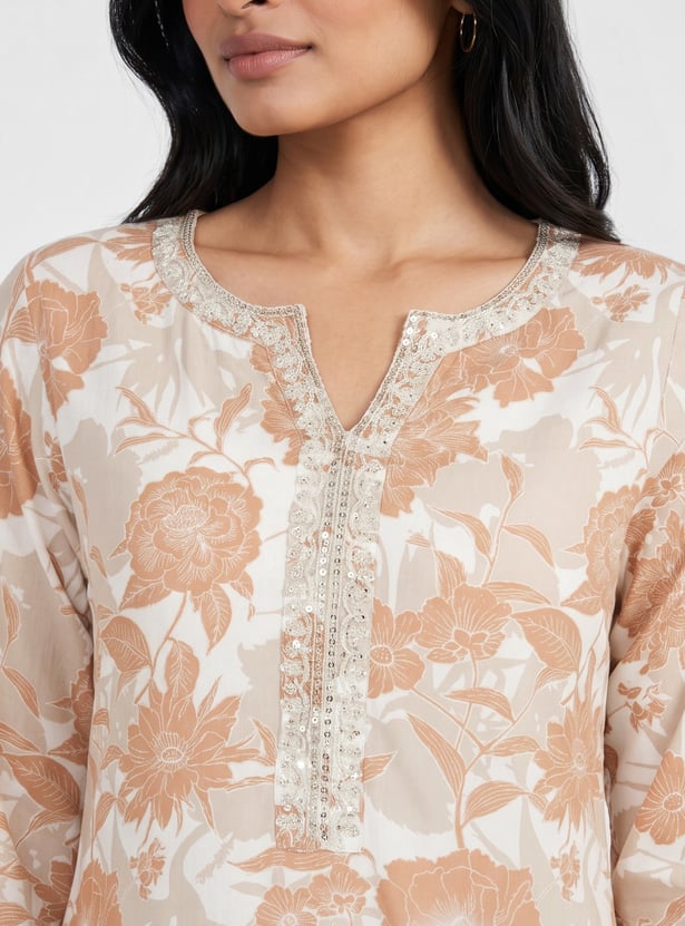 MELANGE Floral Print Notched Neck 3/4th Sleeves Straight Kurta