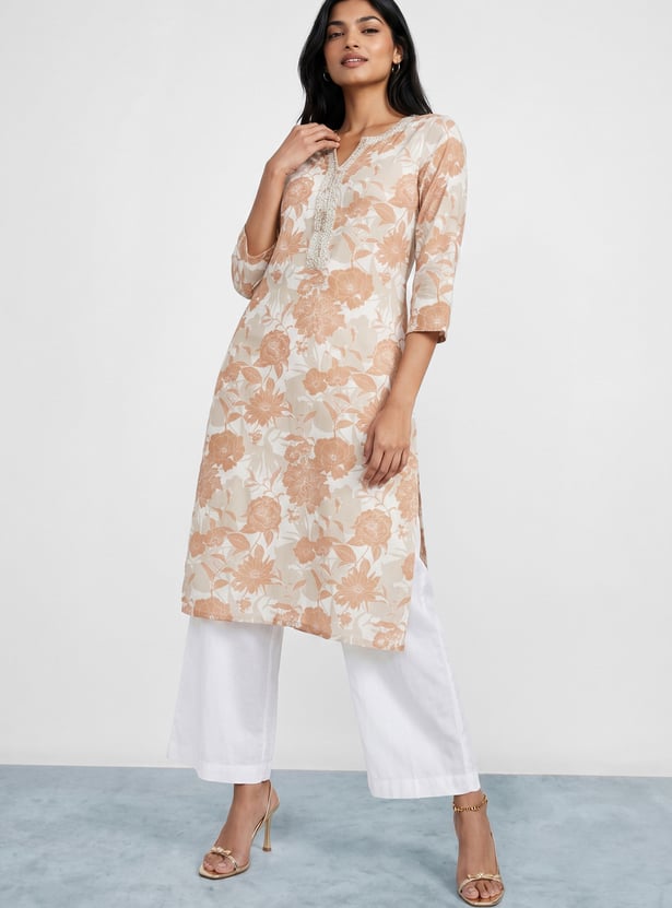 MELANGE Floral Print Notched Neck 3/4th Sleeves Straight Kurta