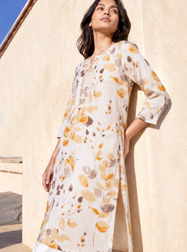 MELANGE Floral Print Lace Detail Straight Kurta