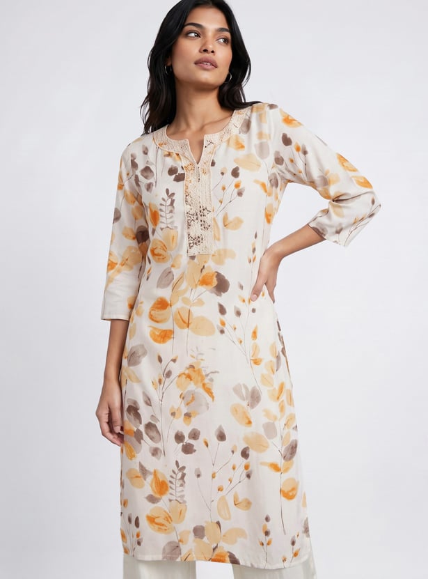 MELANGE Floral Print Lace Detail Straight Kurta