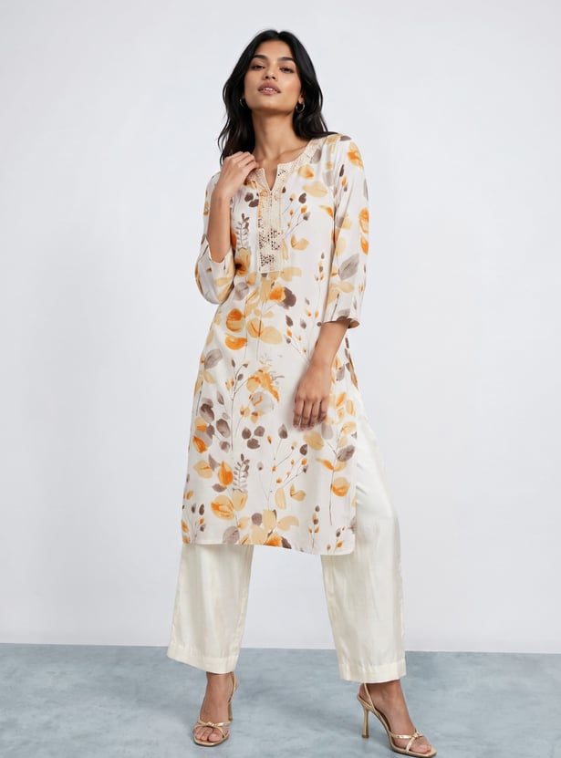 MELANGE Floral Print Lace Detail Straight Kurta