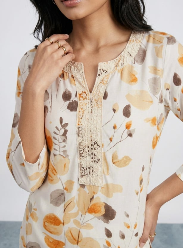 MELANGE Floral Print Lace Detail Straight Kurta