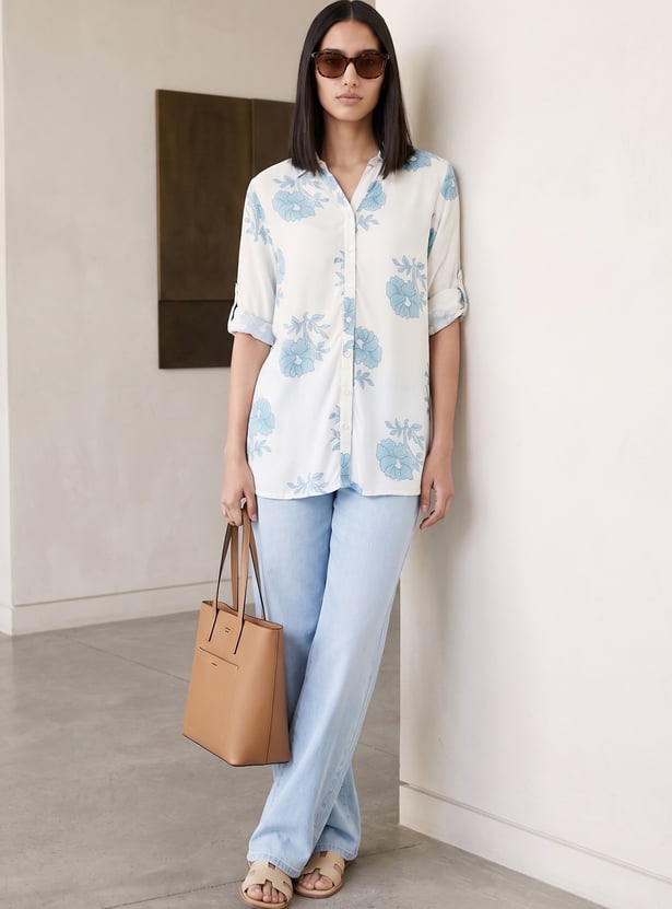MELANGE Floral Print Button Down Straight Kurti