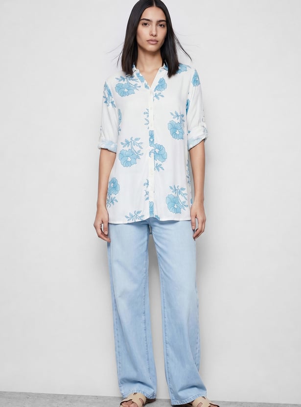 MELANGE Floral Print Button Down Straight Kurti